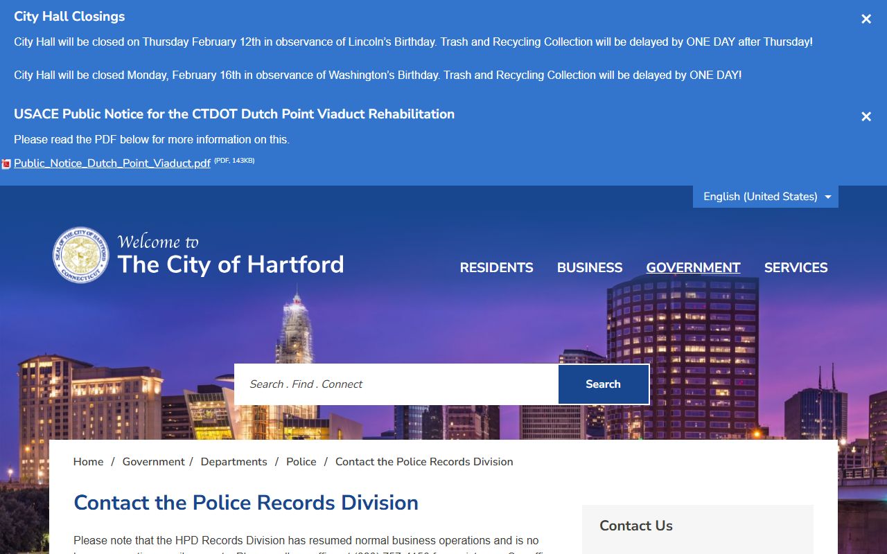 Hartford Police Department Records Division for criminal history requests