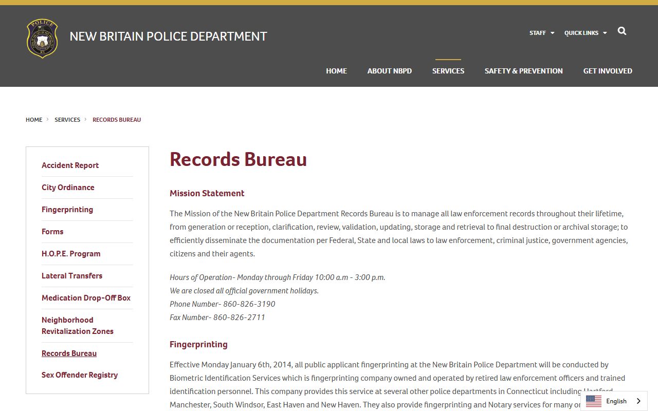 New Britain Police Department Records Bureau for criminal history requests