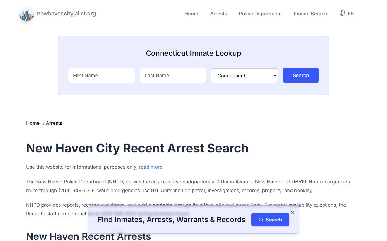 New Haven Police Department arrests information for criminal history records