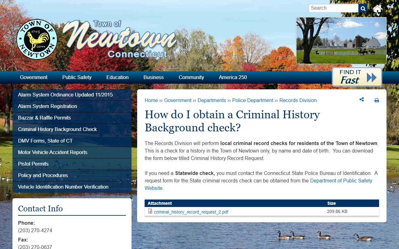 Newtown Police Department records FAQ for criminal history requests