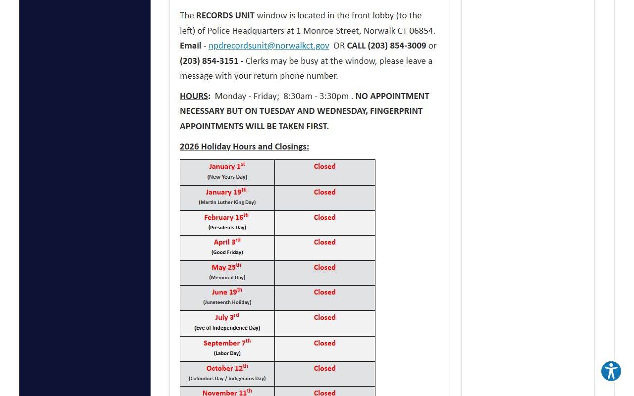 Norwalk city website FAQ page for criminal history records information