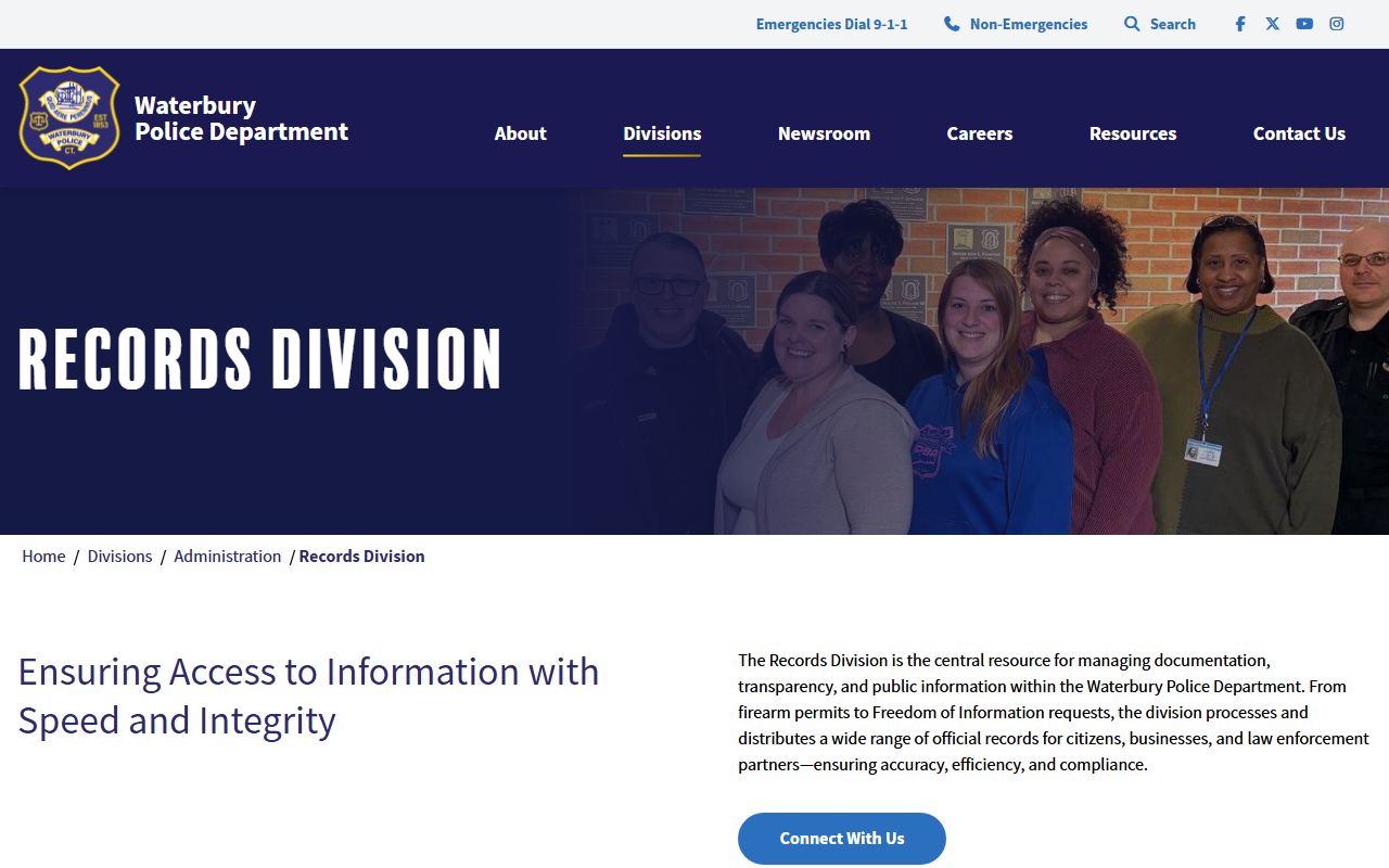 Waterbury Police Department Records Division for criminal history requests