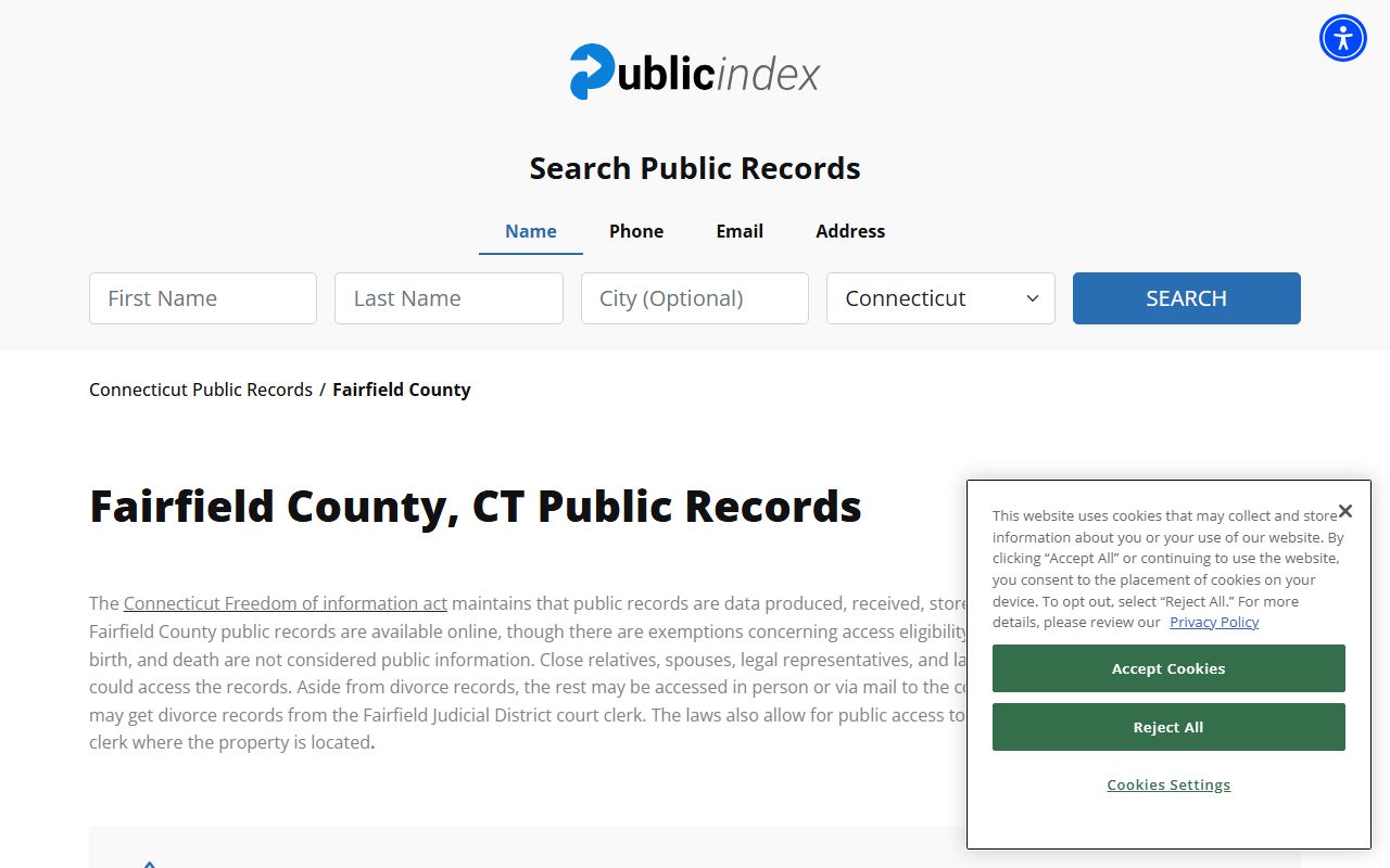Fairfield County criminal records information portal showing county records access