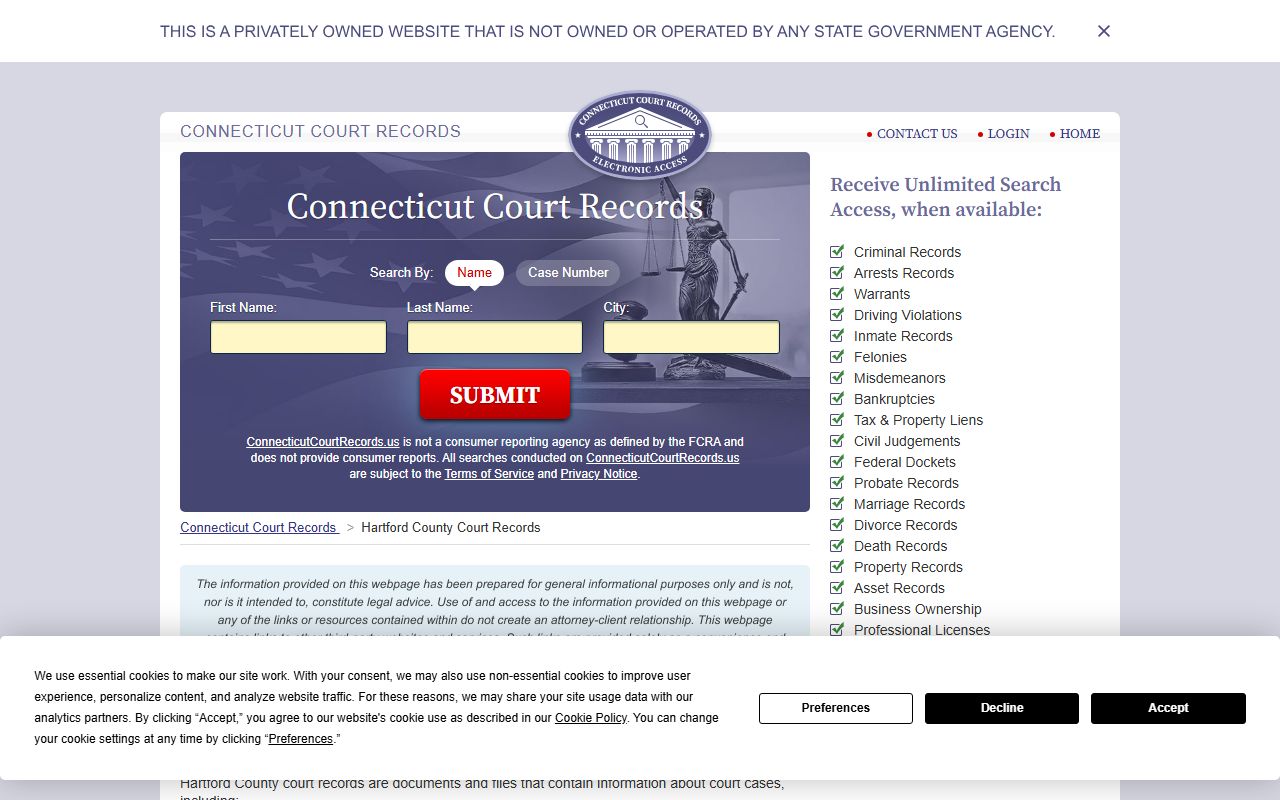 Hartford County records information portal showing criminal records access options