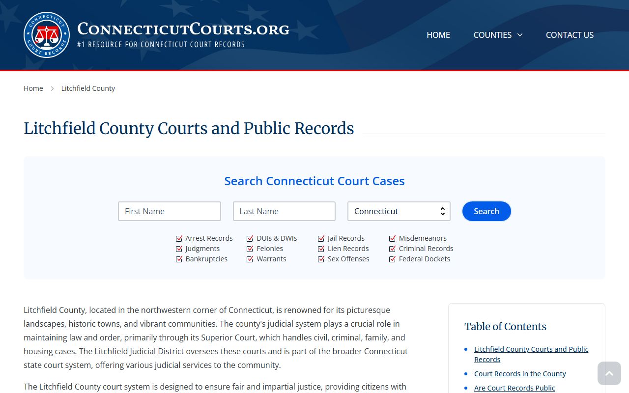 Litchfield County court records information page for criminal history