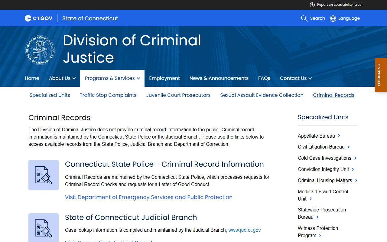 Connecticut Division of Criminal Justice criminal records page