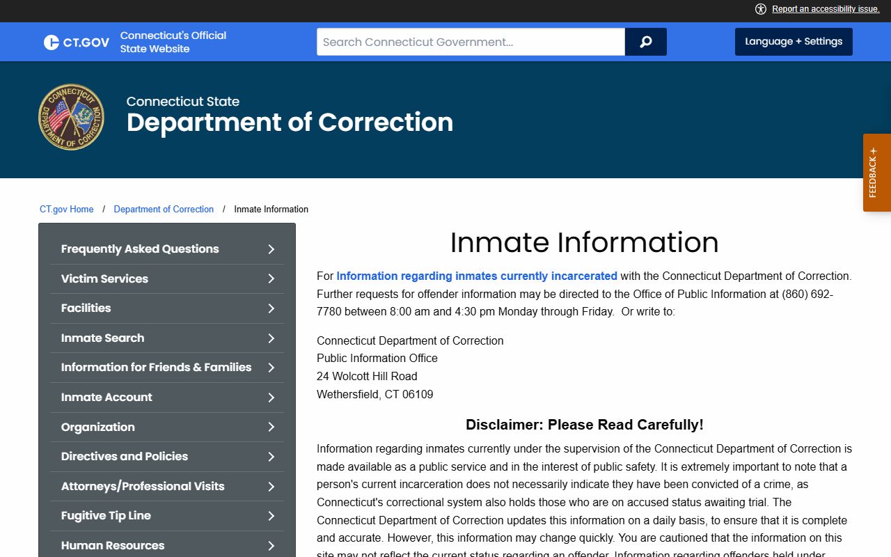 Connecticut Department of Correction inmate information page