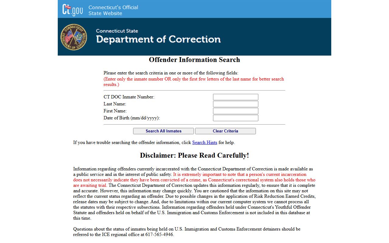 Connecticut Department of Correction inmate search database