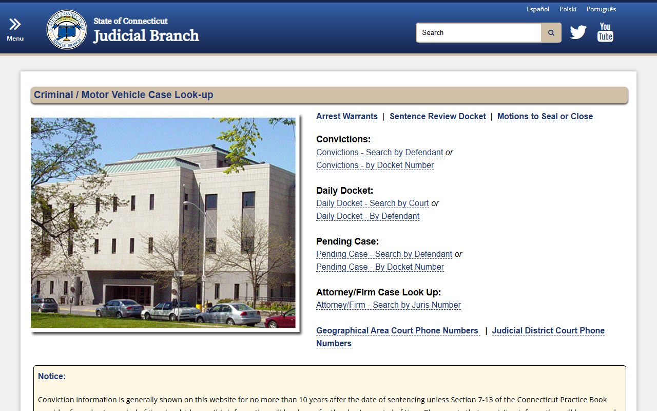 Connecticut Judicial Branch criminal case lookup system