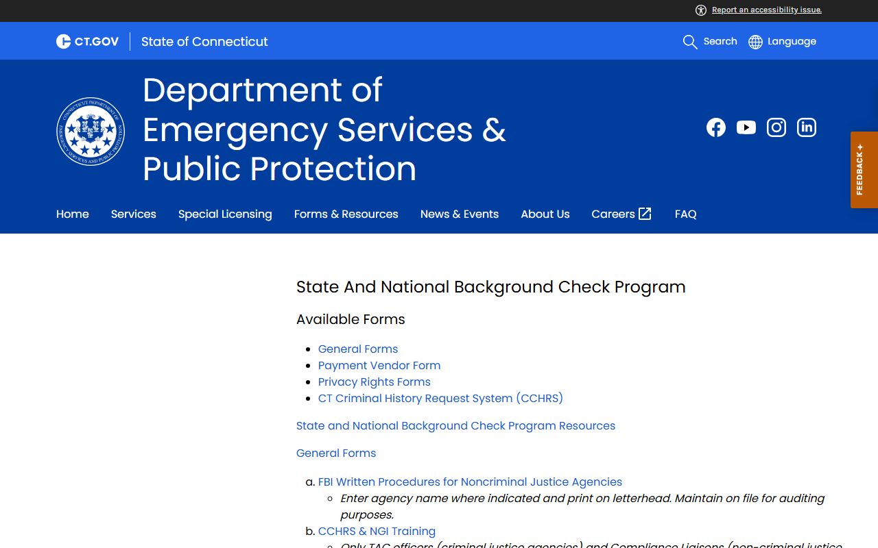 Connecticut State Police background check forms page